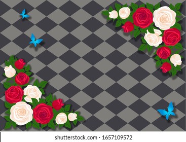 Alice in Wonderland. Red  roses and white roses on  chess background. Wonderland background. Rose flower frame. Illustration