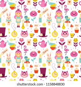 Alice in Wonderland seamless pattern background design. Vector illustration