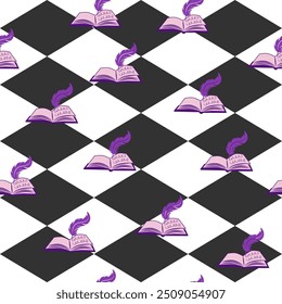 Alice in Wonderland seamless pattern. Book with feather