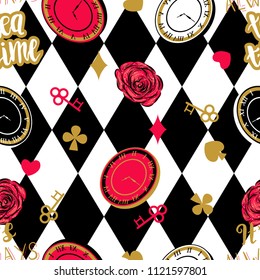 Alice in wonderland seamless pattern with chess board. 