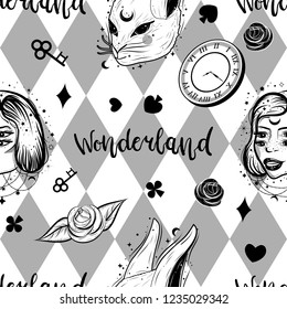 Alice in wonderland seamless pattern with chess board, rabbit and girl.