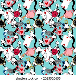 Alice in wonderland seamless pattern with mushrooms, roses, teapot and playing cards