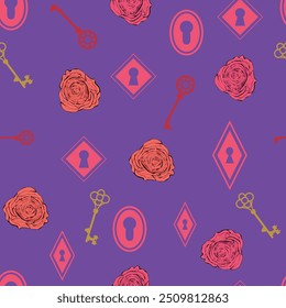 Alice in Wonderland seamless pattern. Roses, keyhole, key, Cheshire cat