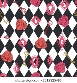 Alice in Wonderland seamless pattern. Roses, keyhole, key, Cheshire cat