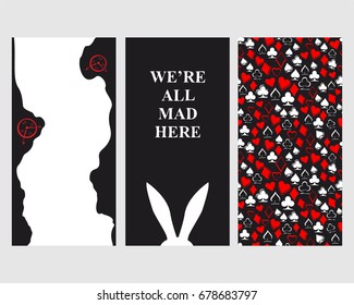 Alice in Wonderland. Set of card. Playing card suits: worms, bubi, christen, peaks on white background. Seamless pattern. White rabbit and rabbit's hole . We are all mad here. Vector illustration