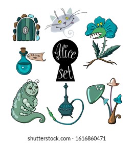 Alice in Wonderland set with caterpillar, magic drink, door, keyhole, predatory flower, Cheshire cat and mushrooms. Vector illustration. Eps 10