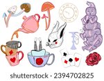 Alice in wonderland set of cliparts. Hand drawn art work with white rabbit, playing cards, caterpillar etc. Vector fairy tale illustrations isolated on white background