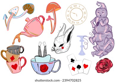 Alice in wonderland set of cliparts. Hand drawn art work with white rabbit, playing cards, caterpillar etc. Vector fairy tale illustrations isolated on white background