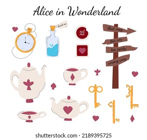 Alice in Wonderland set of items in the hand drawn style