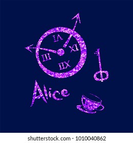 Alice in Wonderland. Set of objects with ultraviolet glitter 