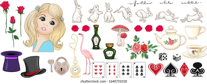 Alice in wonderland set. Alice, rabbit, cat, queen and other elements for design. Clip art, set of elements for design. Vector illustration..