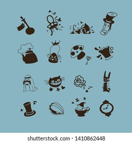 Alice in Wonderland Set. Vector Isolated Graphic Design Elements. Icon, avatar, pictogram, illustrations. Red queen, hat, cup, rabbit, cattle, tea party, clock, oyster. Flat, cartoon, comic style