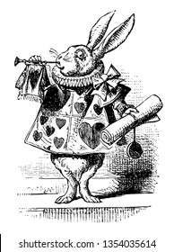 Alice in Wonderland this scene shows a rabbit in human dress with hearts print on it and holding scroll in one hand and playing trumpet vintage line drawing or engraving illustration 
