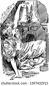 Alice in Wonderland this scene shows a fallen girl trying to get up with support of her right hand and kangaroo looking from window vintage line drawing or engraving illustration 