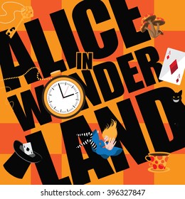 Alice in Wonderland Title with playing cards, pocket watch, hat, key,magic mushrooms. EPS 10 vector.