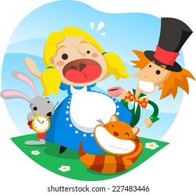 Alice in wonderland vector cartoon illustration.