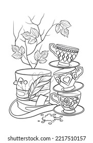 Alice in wonderland vector illustration. Tea time coloring page. Cups doodle. Children's coloring book