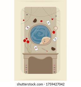 Alice in Wonderland. Vector illustration.A girl with blond hair. Looks in the mirror. Fairy tale.Red rose. Cards. Tea party.illustration fairy tale