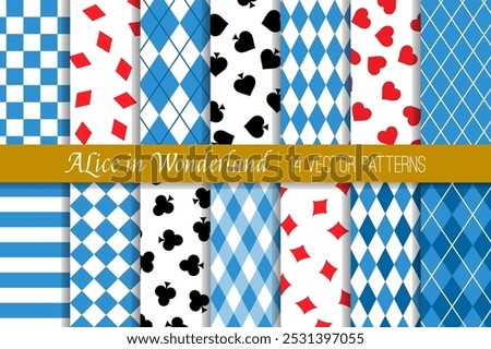Alice in Wonderland Vector Patterns in Blue Argyle, Harlequin, Checks and Stripes and Red and Black Playing Cards Symbols of Spades, Clubs, Diamonds and Hearts. Repeating Pattern Tile Swatches Incl
