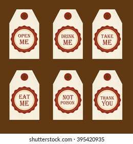 Alice in Wonderland  vector set with labels Eat me, Drink me, Open me, Not poison, Thank you. ideal for decoration at a wedding Banquet or a birthday party.