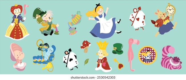 Alice im Wunderland-Vektorsatz. Alice, Magie, Tee, verrückter Hut, Kaninchen, Katze, Königin und andere Elemente für Design. ClipArt, Banner, Satz von Elementen für das Design. Nahtlose Muster, Vektorgrafik