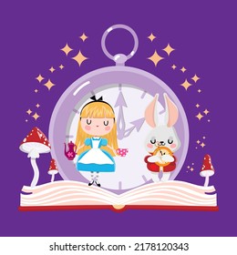 Alice in Wonderland with white rabbit and clocks in opened book