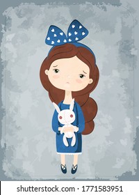 Alicia en el maravilloso país y conejo blanco. Retrato de niña en retro stile. Ilustración del vector