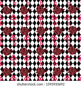 Alice in wonderlans seamless pattern. Chess board background with roses and keys.