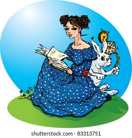  Alice`s adventures in Wonderland. Alice read a book,  White Rabbit run in a great hurry