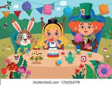 Alice's Adventures in Wonderland vector illustration. Mad Tea Party. Alice, white rabbit and Mad Hatter characters have a great time in a tea party. Colorful and fun design for Wonderland style.
