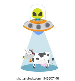 Alien abducting cow with ufo vector illustration