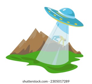 Teoría conspirativa de secuestro de extranjeros o conspiración. Esquema o creencia en que Ufo tome y secuestre humanos. Criaturas extraterritoriales en secuestradores de nave espacial para experimentos. Vector de estilo plano