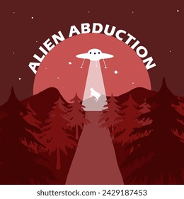 Alien Abduction Day event banner. UFO plane abducts a cow from the forest at night, with bold text celebrating March 20th