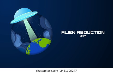 Alien Abduction Day Paper cut out design style greeting banner. Bright UFO floating in space abducting animals and humans with a beam of light. Vector Illustration. EPS 10.