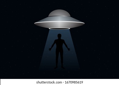 Alien abduction. Flying saucer abducts human. Vector illustration.