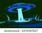 Alien Abduction Night Scene, vector illustration. Rural Encounter with UFO
