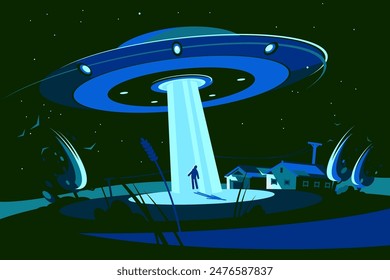 Alien Abduction Night Scene, vector illustration. Rural Encounter with UFO