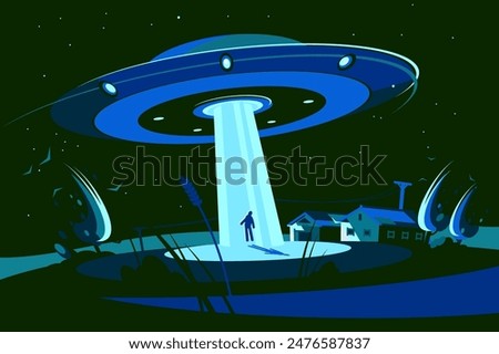 Alien Abduction Night Scene, vector illustration. Rural Encounter with UFO