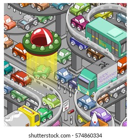 Alien abduction on highway, set in traffic jam on city highway street scape (isometric view)
