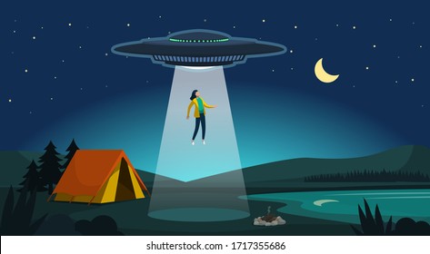 Alien abduction: ufo kidnapping a woman at night using a laser beam, extraterrestrials and mystery concept