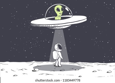 an alien abducts an astronaut on Moon.Cosmic friends.Vector illustration