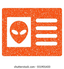 Alien Account Card grainy textured icon for overlay watermark stamps. Flat symbol with scratched texture. Dotted vector orange ink rubber seal stamp with grunge design on a white background.