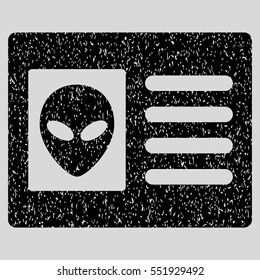 Alien Account Card grainy textured icon for overlay watermark stamps. Flat symbol with scratched texture. Dotted vector black ink rubber seal stamp with grunge design on a light gray background.