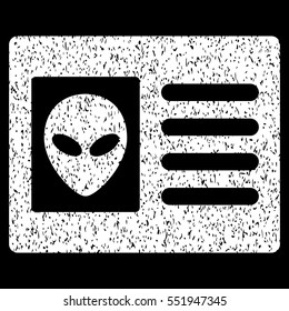 Alien Account Card grainy textured icon for overlay watermark stamps. Flat symbol with unclean texture. Dotted vector white ink rubber seal stamp with grunge design on a black background.