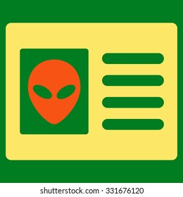 Alien Account Card vector icon. Style is flat bicolor orange and yellow symbol, rounded angles, green background.