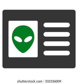 Alien Account Card vector icon. Style is flat bicolor green and gray symbol, rounded angles, white background.