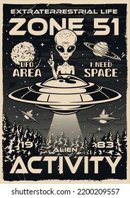 Alien Activity Flyer Monochrome Vintage With Space Martian Peeking Out From Behind UFO Flying Over Surface Planet Earth Vector Illustration