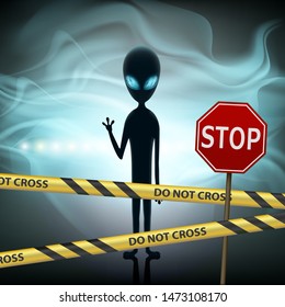 Alien against the light of a spaceship. Stop road sign and warning signal border tape. Vector illustration.