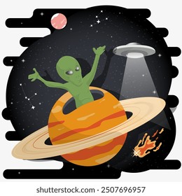 An alien among the stars in outer space appears from a planet with rings, flat childrens doodles