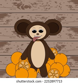 Alien animal in oranges on wooden board background. Cartoon bear with big ears. Art  for children room. Website banner for children's shop.